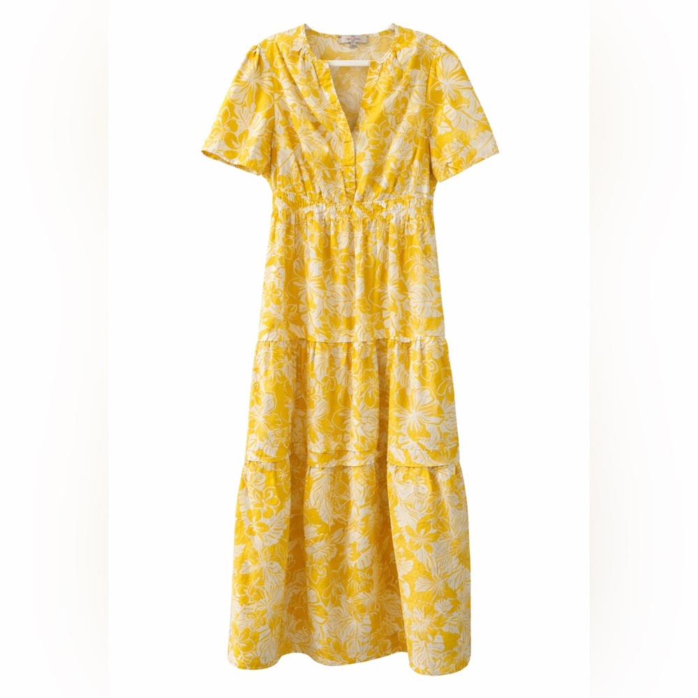 Casa Cabana Butter Yellow Floral Maxi Dress Large 100% Cotton Tiered Boho Spring